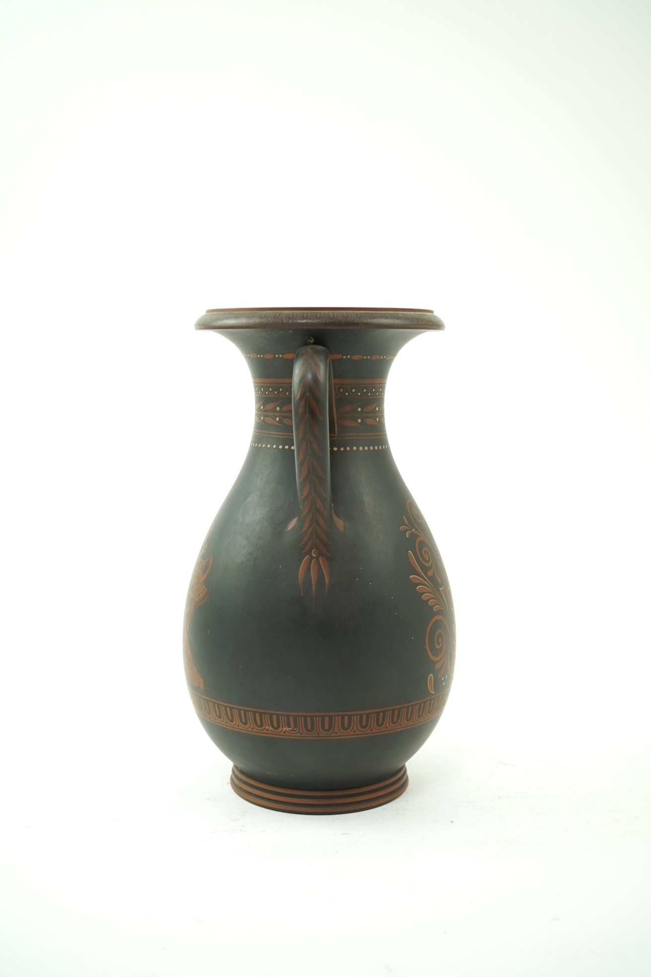 A rare Wedgwood encaustic decorated black basalt two handled baluster vase, late 18th century